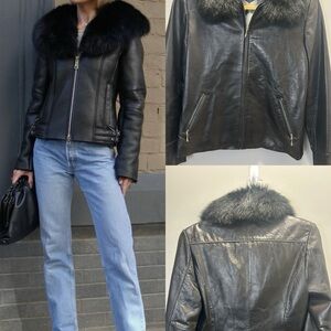 Women's Black Genuine Leather Jacket with Genuine Fox Fur Collar